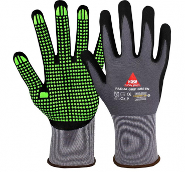PADUA GRIP GREEN, Größe 8 - 11, Montagehandschuh aus Nylon/Nitrilschaum, grau/schwarz/grün - HASE - 508150G
